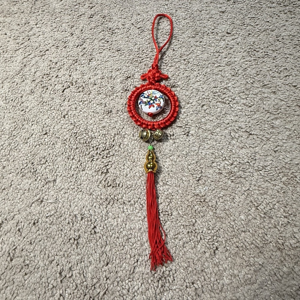 Vintage Chinese Knot Hanging Ornament Red Tassel Bells Ceramic Figural 15”
